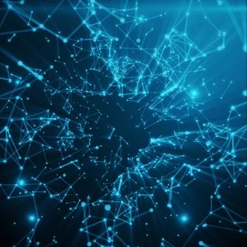 Abstract space blue tint background. Chaotically connected points and polygons 스톡 일러스트
