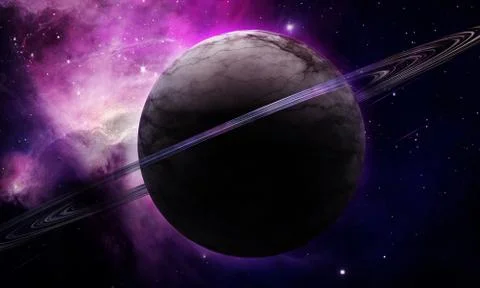 Abstract space illustration, 3D image, bright purple planet Saturn and space Stock Illustration