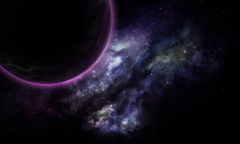Abstract space illustration, 3D image, bright purple planet, nebula and stars Stock Illustration