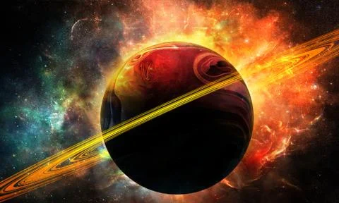 Abstract space illustration, 3D image, bright orange planet Saturn and space Stock Illustration