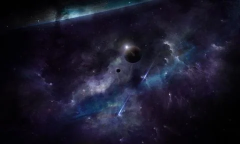 Abstract space illustration, 3d image, planets in space, the radiance of star Stock Illustration