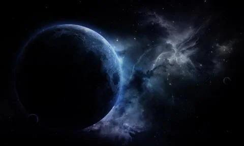 Abstract space illustration, 3d image, blue moon planet, stars and nebula Stock Illustration