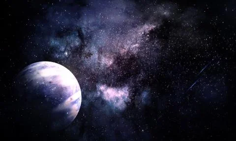 Abstract space illustration, 3d image, planet in space in the radiance of sta Stock Illustration