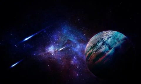 Abstract space illustration, 3d image, color Planet in space and shining came Stock Illustration