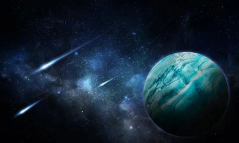 Abstract space illustration, 3d image, blue planet in space and shining camer Stock Illustration