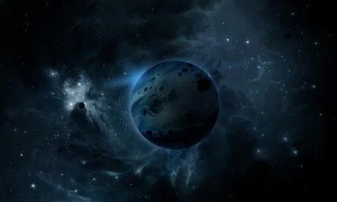 Abstract space illustration, 3d image, blue planet in space and the radiance Stock Illustration