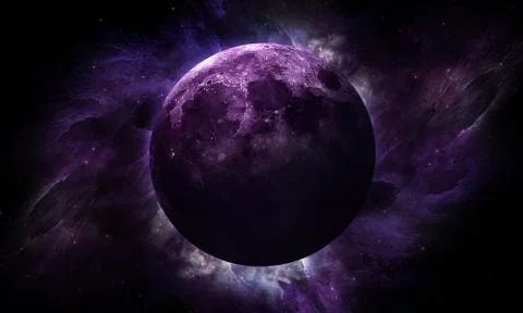 Abstract space illustration, 3d image, purple moon in space and the shining o Stock Illustration