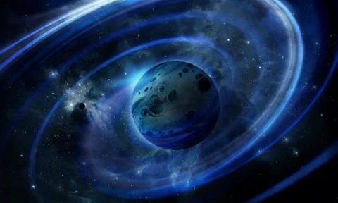Abstract space illustration, 3d image, blue planet in space and the radiance Stock Illustration