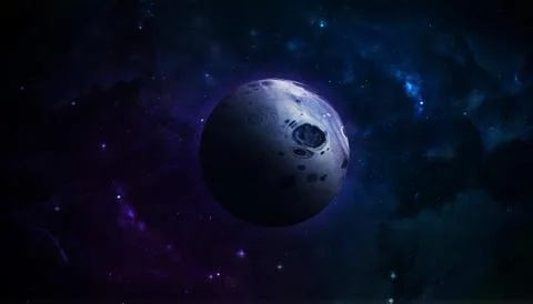 Abstract space illustration, 3d image, purple moon in space and shining stars Stock Illustration