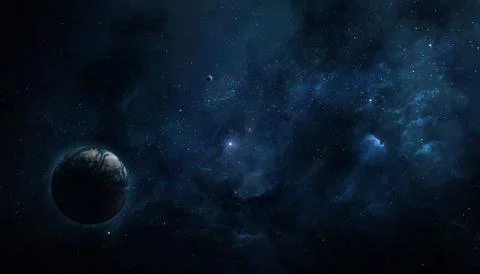 Abstract space illustration, 3d image, dark planet in space and the shining o Stock Illustration
