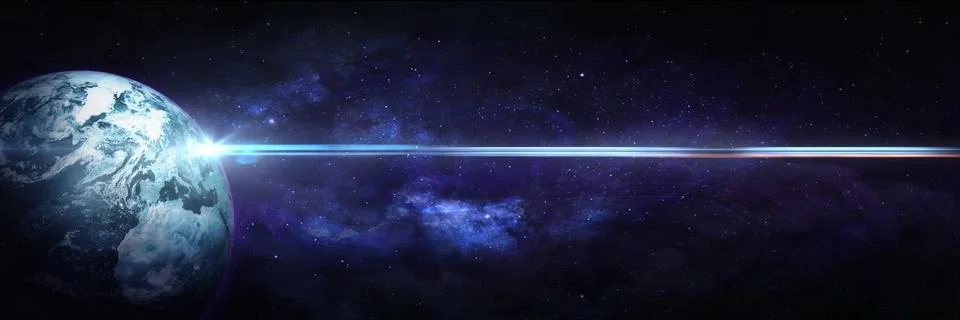 Abstract space illustration, 3d image, planet in space and blue shining ray i Stock Illustration