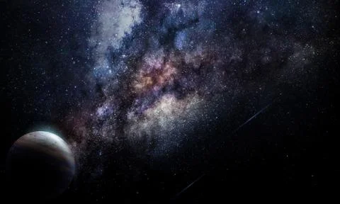 Abstract space illustration, 3d image, planet in space in the radiance of sta Stock Illustration