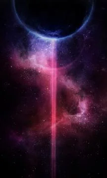 Abstract space illustration, 3d image, planet in space in blue and red star s Stock Illustration