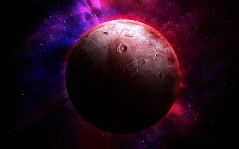 Abstract space illustration, 3d image, the moon in red and blue stars Stock Illustration