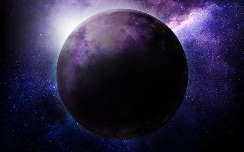 Abstract space illustration, 3d image, background, moon in space in purple co Stock Illustration