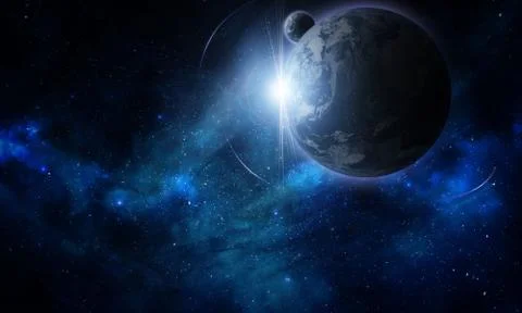 Abstract space illustration, 3d image, planets in space in the radiance of st Stock Illustration