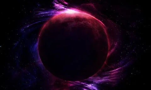 Abstract space illustration, 3d image, red moon in a bright pink nebula and t Stock Illustration
