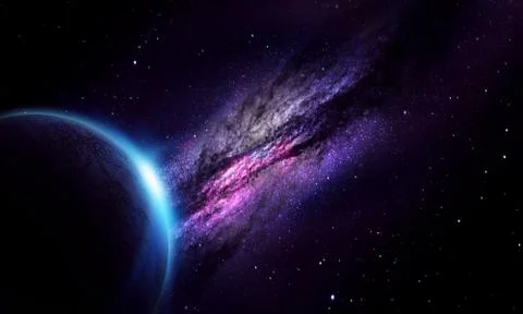 Abstract space illustration, 3d image, planet in space in the radiance of sta Stock Illustration