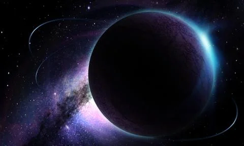 Abstract space illustration, 3d image, planet in space in the radiance of sta Stock Illustration