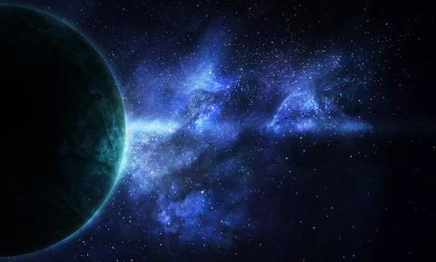 Abstract space illustration, 3d image, stone planet in space in the radiance Stock Illustration