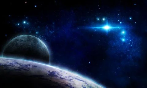 Abstract space illustration, 3d image, stone planet in space among the conste Stock Illustration