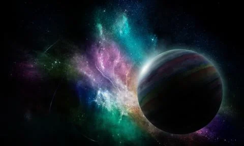 Abstract space illustration, 3d image, planet in the nebula i shine Stock Illustration