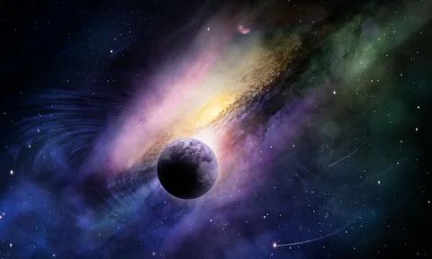 Abstract space illustration, 3d image, beautiful planet in a bright nebula of Stock Illustration