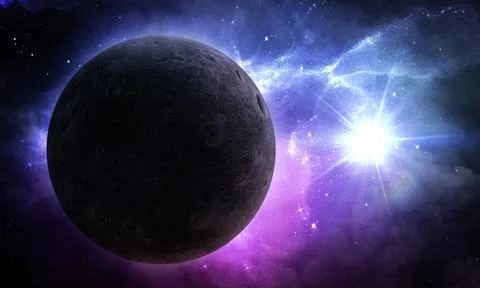 Abstract space illustration, 3d image, planet in space in the radiance of sta Stock Illustration