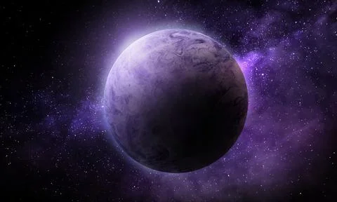 Abstract space illustration, 3d image, background, moon in space in purple co Stock Illustration
