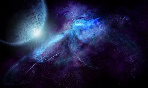 Abstract space illustration, 3d image, moon planet in purple nebula Stock Illustration