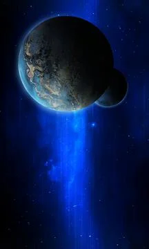 Abstract space illustration, 3d image, planet in the blue shine, stars Stock Illustration