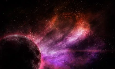 Abstract space illustration, bright red-violet planet and space nebula Stock Illustration