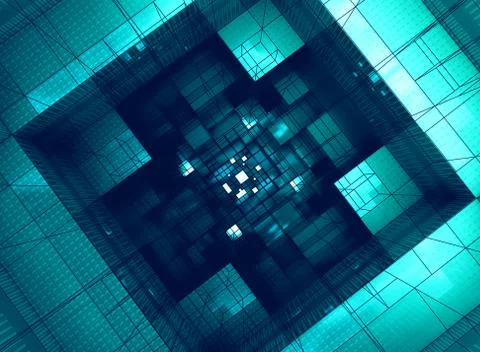 Abstract space inside computer with electronic system in blue architecture Ilustración de archivo