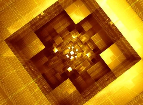 Abstract space inside computer with electronic system in yellow orange Ilustración de archivo