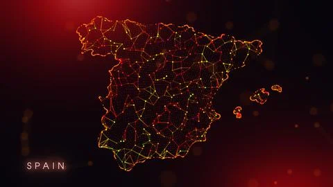 Abstract Spain Map Digital Network Background With Red And Orange Plexus Dots Stock Illustration