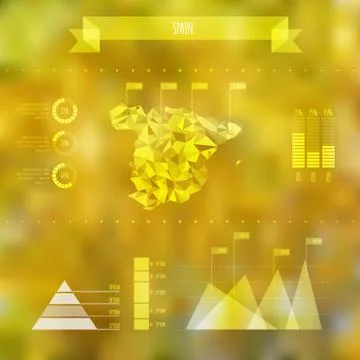 Abstract Spain Map with Infographic Elements on Blurred Background Illustrazione stock