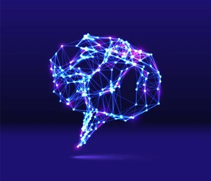 Abstract speech bubble neon icon with shiny 80s synthwave styled lines on blu Illustrazione stock