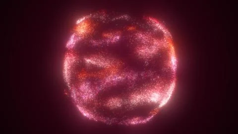 Abstract sphere ball of red glowing bright flying energy particles and dots.. Illustrazione stock