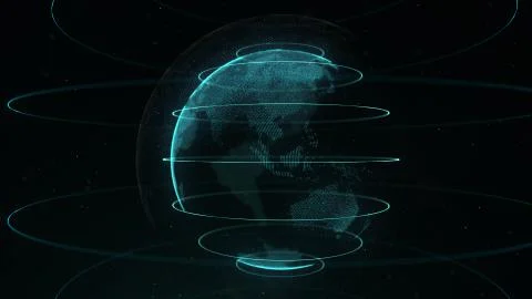 Abstract sphere. Connected white dots with azure blue lines and shallow depth of Stock Illustration