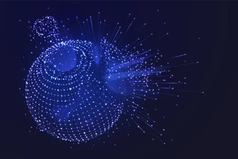 Abstract sphere explosion. Particles burst, energy spark globe banner. Digital Illustrazione stock