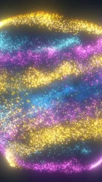 Abstract sphere made of glowing multicolored particles swirling in space, s.. Stockillustratie