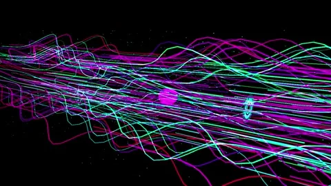 Abstract sphere moves through flowing neon light trails during futuristic d.. Stock Footage 345671626