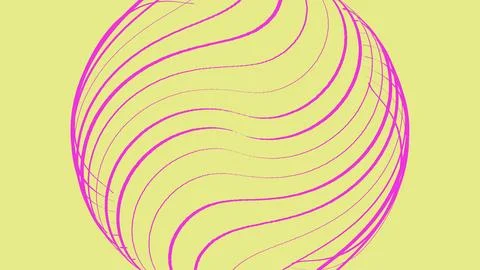 Abstract sphere with pink wavy lines on yellow background 库存插图