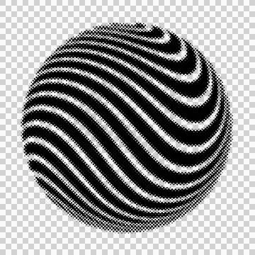 Abstract sphere shape created with black halftone dots exhibiting swirling .. Illustration