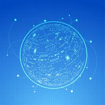 Abstract sphere technological background with various tech elements Stock Illustration