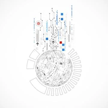 Abstract sphere technological background with various tech elements Illustrazione stock