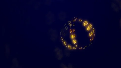 An abstract sphere with yellow lighting elements of several religions on a dark Stock Footage 156709790