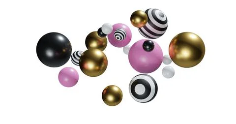 Abstract spheres on white background, composition of flying balls, 3D mixed Stock-Illustration