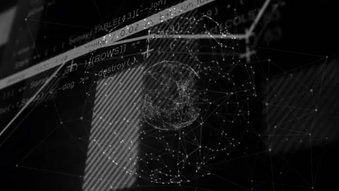 Abstract spherical network being animated in 3D render, with code fragments and Stock Footage 307857552
