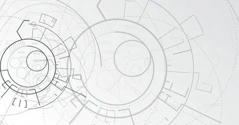 Abstract spiral blueprint with technical lines and circles Illustration